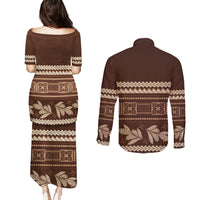 Brown Samoa Siapo Teuila Flowers Couples Matching Puletasi and Long Sleeve Button Shirt LT14 - Polynesian Pride