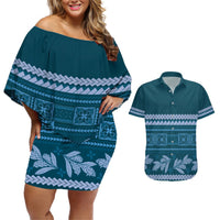 Dark Cyan Samoa Siapo Teuila Flowers Couples Matching Off Shoulder Short Dress and Hawaiian Shirt LT14 Dark Cyan - Polynesian Pride