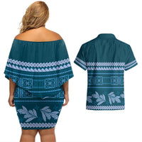 Dark Cyan Samoa Siapo Teuila Flowers Couples Matching Off Shoulder Short Dress and Hawaiian Shirt LT14 - Polynesian Pride