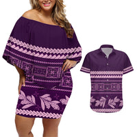 Purple Samoa Siapo Teuila Flowers Couples Matching Off Shoulder Short Dress and Hawaiian Shirt LT14 Purple - Polynesian Pride