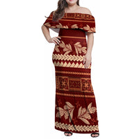Red Samoa Siapo Teuila Flowers Family Matching Off Shoulder Maxi Dress and Hawaiian Shirt