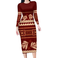 Red Samoa Siapo Teuila Flowers Long Sleeve Bodycon Dress LT14 Long Dress Red - Polynesian Pride