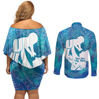 Turquoise Polynesia Father's Day Couples Matching Off Shoulder Short Dress and Long Sleeve Button Shirt Dad You Are My Hero LT14 - Polynesian Pride