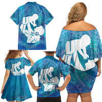 Turquoise Polynesia Father's Day Family Matching Off Shoulder Short Dress and Hawaiian Shirt Dad You Are My Hero