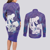 Purple Polynesia Father's Day Couples Matching Long Sleeve Bodycon Dress and Long Sleeve Button Shirt Dad You Are My Hero LT14 - Polynesian Pride
