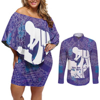 Purple Polynesia Father's Day Couples Matching Off Shoulder Short Dress and Long Sleeve Button Shirt Dad You Are My Hero