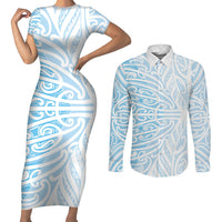 Blue New Zealand Puhoro Maori Tattoo Couples Matching Short Sleeve Bodycon Dress and Long Sleeve Button Shirt
