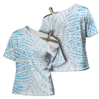 Blue New Zealand Puhoro Maori Tattoo Cross Shoulder Shirt