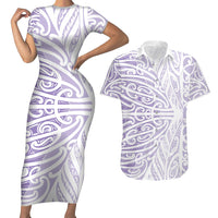 Purple New Zealand Puhoro Maori Tattoo Couples Matching Short Sleeve Bodycon Dress and Hawaiian Shirt