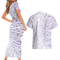 Purple New Zealand Puhoro Maori Tattoo Couples Matching Short Sleeve Bodycon Dress and Hawaiian Shirt