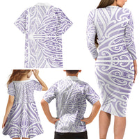 Purple New Zealand Puhoro Maori Tattoo Family Matching Long Sleeve Bodycon Dress and Hawaiian Shirt