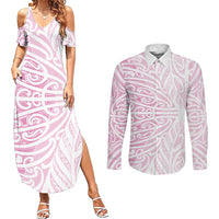 Pink New Zealand Puhoro Maori Tattoo Couples Matching Summer Maxi Dress and Long Sleeve Button Shirt