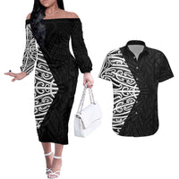 Black New Zealand Puhoro Maori Tattoo Couples Matching Off The Shoulder Long Sleeve Dress and Hawaiian Shirt