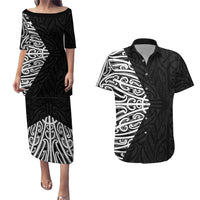 Black New Zealand Puhoro Maori Tattoo Couples Matching Puletasi and Hawaiian Shirt