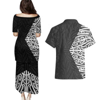 Black New Zealand Puhoro Maori Tattoo Couples Matching Puletasi and Hawaiian Shirt