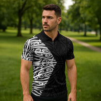 Black New Zealand Puhoro Maori Tattoo Zipper Polo Shirt