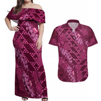 Pink Aloha Hawaii Couples Matching Off Shoulder Maxi Dress and Hawaiian Shirt Hawaiian Kakau Ohia Lehua Lei - Polynesian Pride