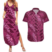 Pink Aloha Hawaii Couples Matching Summer Maxi Dress and Hawaiian Shirt Hawaiian Kakau Ohia Lehua Lei - Polynesian Pride