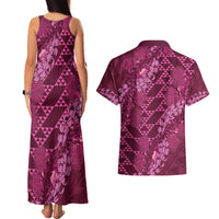 Pink Aloha Hawaii Couples Matching Tank Maxi Dress and Hawaiian Shirt Hawaiian Kakau Ohia Lehua Lei - Polynesian Pride