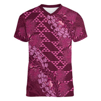 Pink Aloha Hawaii Women V-Neck T-Shirt Hawaiian Kakau Ohia Lehua Lei - Polynesian Pride