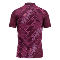 Pink Aloha Hawaii Zipper Polo Shirt Hawaiian Kakau Ohia Lehua Lei - Polynesian Pride