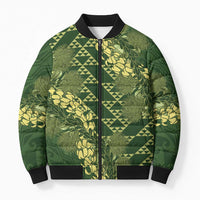 Green Aloha Hawaii Bomber Puffer Jacket Hawaiian Kakau Ohia Lehua Lei - Polynesian Pride