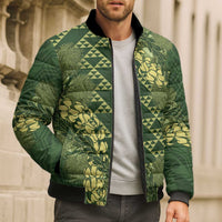 Green Aloha Hawaii Bomber Puffer Jacket Hawaiian Kakau Ohia Lehua Lei - Polynesian Pride