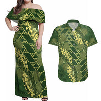 Green Aloha Hawaii Couples Matching Off Shoulder Maxi Dress and Hawaiian Shirt Hawaiian Kakau Ohia Lehua Lei - Polynesian Pride