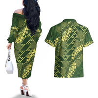 Green Aloha Hawaii Couples Matching Off The Shoulder Long Sleeve Dress and Hawaiian Shirt Hawaiian Kakau Ohia Lehua Lei - Polynesian Pride