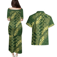Green Aloha Hawaii Couples Matching Puletasi and Hawaiian Shirt Hawaiian Kakau Ohia Lehua Lei - Polynesian Pride