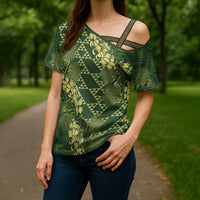 Green Aloha Hawaii Cross Shoulder Shirt Hawaiian Kakau Ohia Lehua Lei - Polynesian Pride