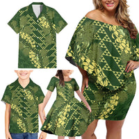 Green Aloha Hawaii Family Matching Off Shoulder Short Dress and Hawaiian Shirt Hawaiian Kakau Ohia Lehua Lei - Polynesian Pride