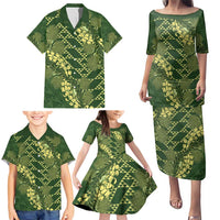 Green Aloha Hawaii Family Matching Puletasi and Hawaiian Shirt Hawaiian Kakau Ohia Lehua Lei - Polynesian Pride