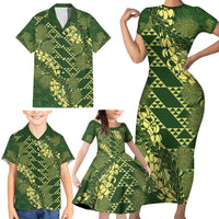 Green Aloha Hawaii Family Matching Short Sleeve Bodycon Dress and Hawaiian Shirt Hawaiian Kakau Ohia Lehua Lei - Polynesian Pride