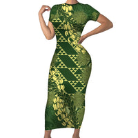Green Aloha Hawaii Family Matching Short Sleeve Bodycon Dress and Hawaiian Shirt Hawaiian Kakau Ohia Lehua Lei - Polynesian Pride