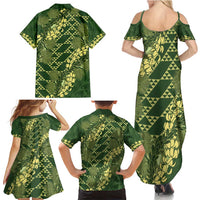 Green Aloha Hawaii Family Matching Summer Maxi Dress and Hawaiian Shirt Hawaiian Kakau Ohia Lehua Lei - Polynesian Pride
