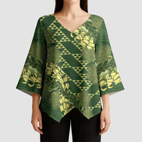 Green Aloha Hawaii Kimono Sleeve Blouse Hawaiian Kakau Ohia Lehua Lei - Polynesian Pride