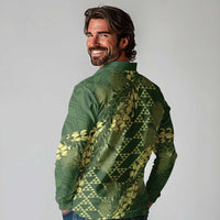 Green Aloha Hawaii Long Sleeve Polo Shirt Hawaiian Kakau Ohia Lehua Lei - Polynesian Pride