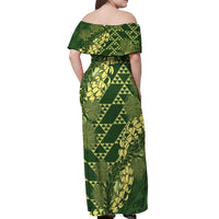 Green Aloha Hawaii Off Shoulder Maxi Dress Hawaiian Kakau Ohia Lehua Lei - Polynesian Pride