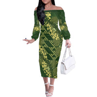 Green Aloha Hawaii Off The Shoulder Long Sleeve Dress Hawaiian Kakau Ohia Lehua Lei - Polynesian Pride