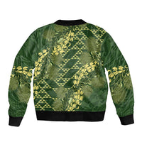 Green Aloha Hawaii Sleeve Zip Bomber Jacket Hawaiian Kakau Ohia Lehua Lei - Polynesian Pride