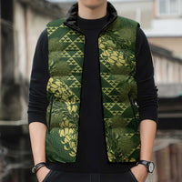 Green Aloha Hawaii Sleeveless Puffer Jacket Hawaiian Kakau Ohia Lehua Lei - Polynesian Pride
