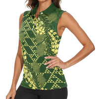 Green Aloha Hawaii Women Sleeveless Polo Shirt Hawaiian Kakau Ohia Lehua Lei - Polynesian Pride