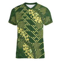 Green Aloha Hawaii Women V-Neck T-Shirt Hawaiian Kakau Ohia Lehua Lei - Polynesian Pride