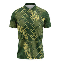 Green Aloha Hawaii Zipper Polo Shirt Hawaiian Kakau Ohia Lehua Lei - Polynesian Pride