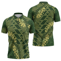 Green Aloha Hawaii Zipper Polo Shirt Hawaiian Kakau Ohia Lehua Lei - Polynesian Pride