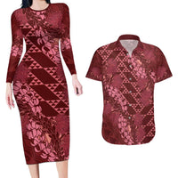 Maroon Aloha Hawaii Couples Matching Long Sleeve Bodycon Dress and Hawaiian Shirt Hawaiian Kakau Ohia Lehua Lei - Polynesian Pride
