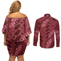 Maroon Aloha Hawaii Couples Matching Off Shoulder Short Dress and Long Sleeve Button Shirt Hawaiian Kakau Ohia Lehua Lei - Polynesian Pride