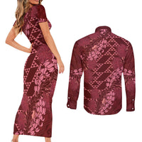 Maroon Aloha Hawaii Couples Matching Short Sleeve Bodycon Dress and Long Sleeve Button Shirt Hawaiian Kakau Ohia Lehua Lei - Polynesian Pride