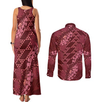 Maroon Aloha Hawaii Couples Matching Tank Maxi Dress and Long Sleeve Button Shirt Hawaiian Kakau Ohia Lehua Lei - Polynesian Pride